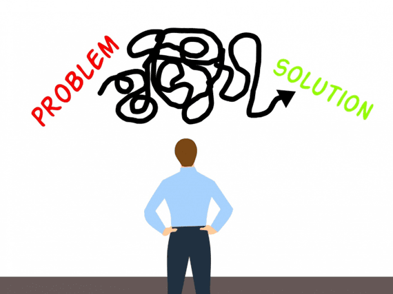 A poster with a person looking at problems and solution